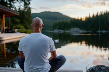 Fototapeta premium A bald man sits cross-legged on a dock at sunset, engaging in meditation, reflecting his inner peace against the stunning backdrop of mountains and still water.