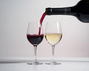 Two wine glasses, one filled with red wine and the other with white, being poured from a bottle.