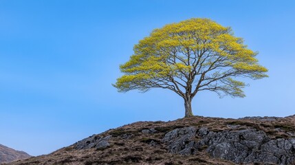 Obraz premium A solitary tree with vibrant green leaves stands on rocky terrain under a clear blue sky.