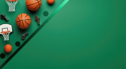 Basketball-themed arrangement with balls, hoops, and whistles on green background