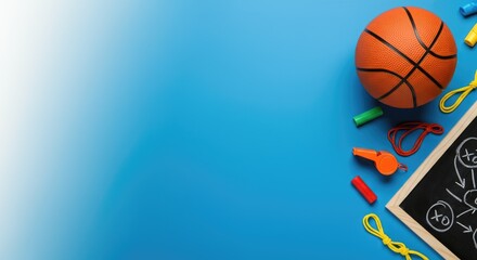 Obraz premium Basketball-themed items including ball, chalkboard, and various sports equipment on blue background