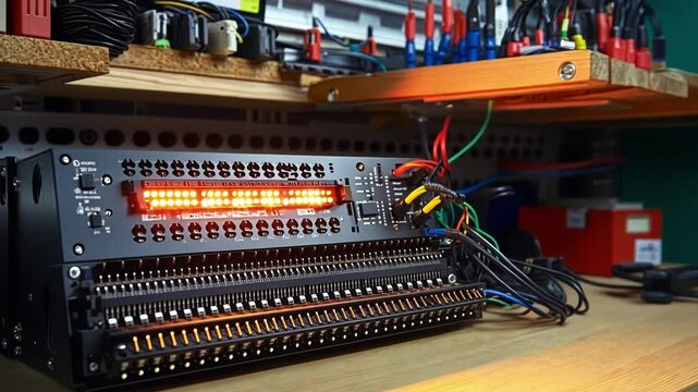 A detailed view of a programmable logic controller PLC with lit indicators surrounded by a backdrop of various electronic components and tools emphasizing the complexity of automation