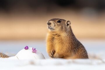 Groundhog standing in meadow with subtle snow patches. Annual spring arrival prediction