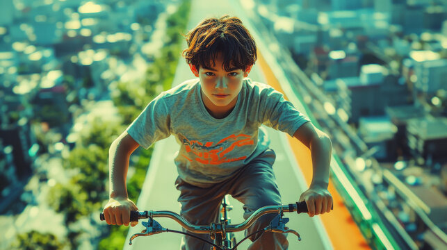 Teenage boy cycles confidently along urban path showcasing stylish activewear and vibrant city backdrop
