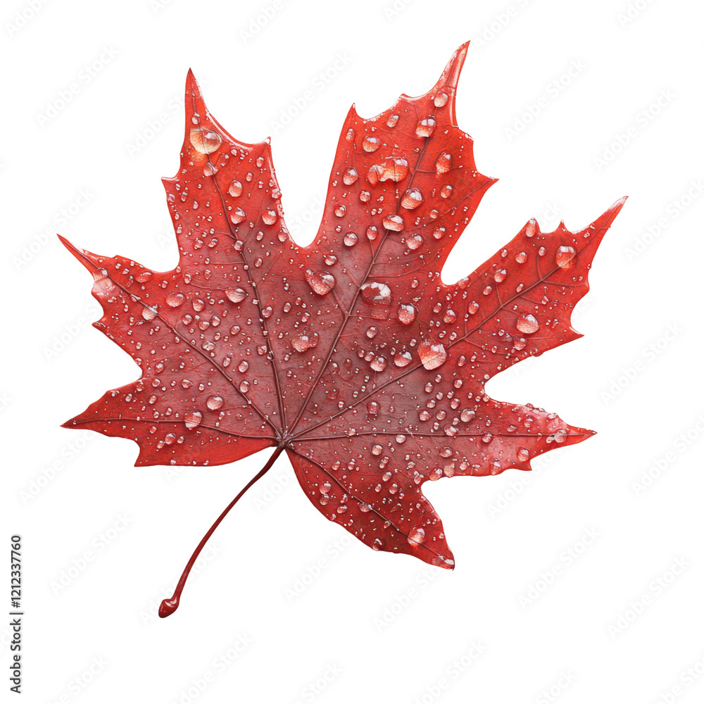 Poster a single red maple leaf with water droplets sits on a plain white background. the image showcases th