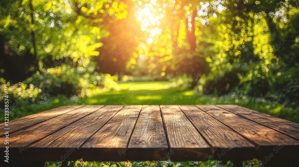 Poster golden rays of sunlight dance through vibrant leaves, casting a warm glow on a rustic wooden table i