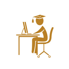 The image depicts a stylized graduate student using a computer for online studies, sitting at a desk with a chair.