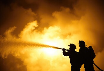 A low angle view of firefighters aiming a powerful fire hose, silhouetted against a backdrop of thick, swirling smoke, capturing the intensity and bravery of their efforts.