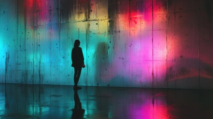 Futuristic urban scene neonlit concrete wall cityscape digital art night time artistic perspective