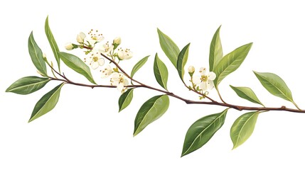 Lush Green Botanical Branch with White Blooming Flowers on White Background