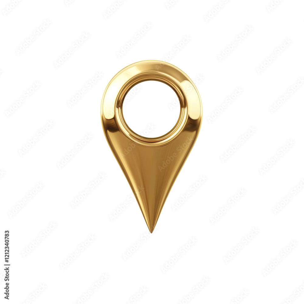 Poster The image shows a gleaming golden three-dimensional map pin icon isolated on a white background.