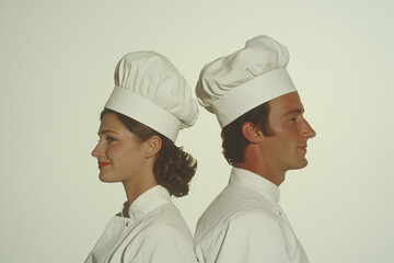 Culinary Collaboration: A male and female chef, side by side, wear pristine white chef hats and uniforms, exuding professionalism and a shared passion for culinary excellence.