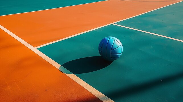 Volleyball ball on colorful court image, ai generated. Modern sportsground with spheric item outdoors photography scene wallpaper. Having fun with athletic hobby concept photorealistic photo