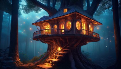 Obraz premium whimsical treehouse with glowing windows nestled in dark forest enchanting atmosphere