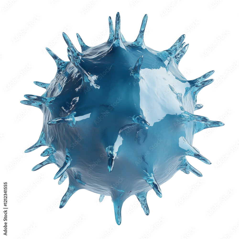 Poster a 3d rendered image of an abstract blue virus with spiky protrusions, showcasing a detailed and visu
