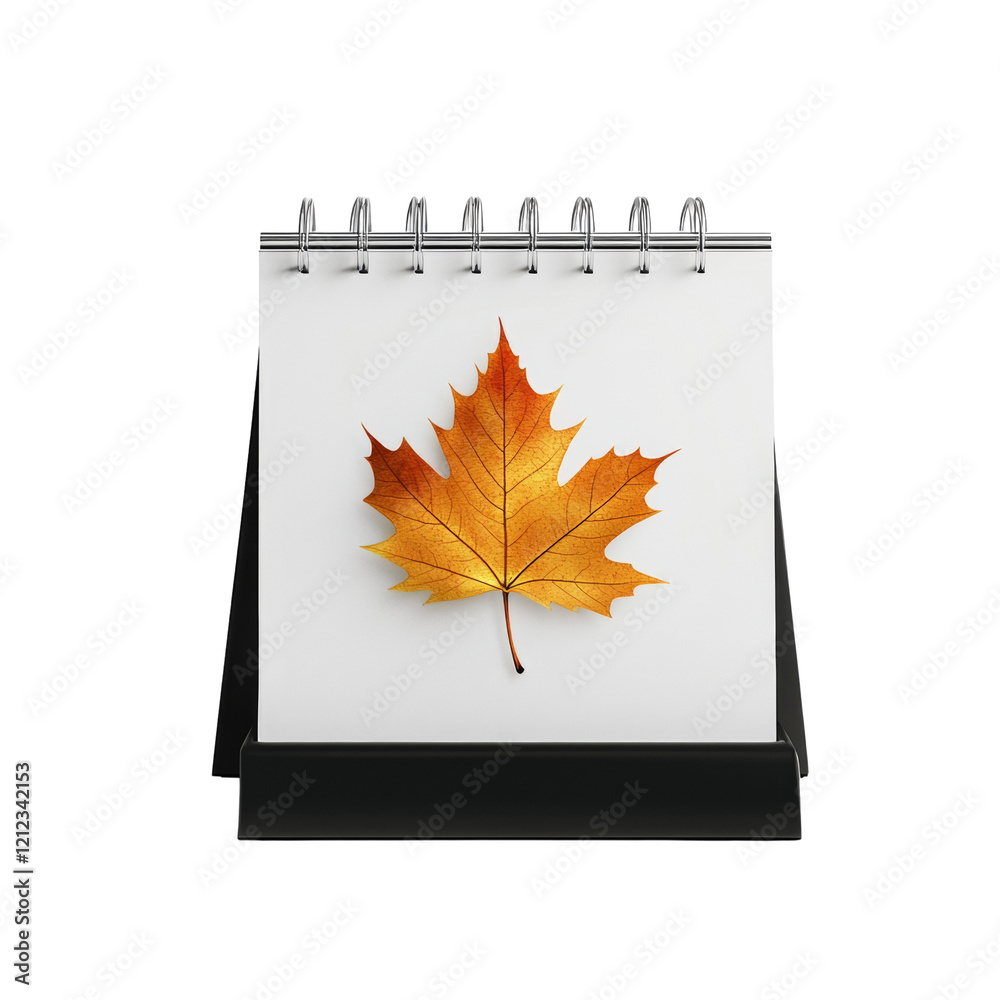 Poster a minimalist desktop calendar features a single, vibrant orange maple leaf as its design element.
