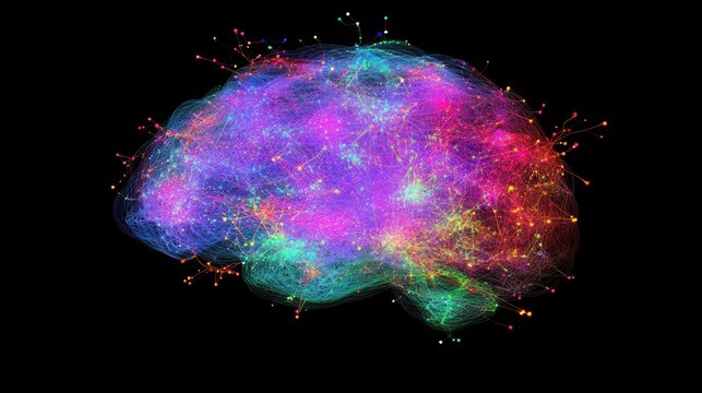 An abstract digital brain with neural pathways lit up in vivid colors.