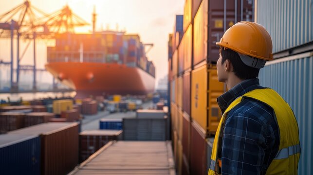 A male Asian dock worker observes a cargo ship at sunset, wearing safety gear.