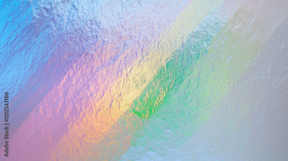 Poster Abstract colorful gradient background transitioning smoothly from soft blue to pastel pink with vibrant green and yellow tones in the center. Grainy texture resembling film photography adds depth and 