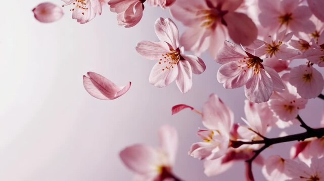 Clean white background with a delicate arrangement of Japanese cherry blossoms in soft pink tones.
