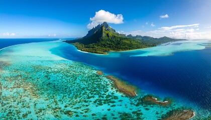 Obraz premium breathtaking aerial view of tropical paradise green islands in turquoise lagoon coral reef barrier atoll beauty of french polynesia bora bora summer holidays luxury travel concept drone shot