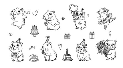 Vector set in hand drawn style of clipart with capybaras with balloons, cake and gifts at birthday party. Great for cards, invitations, holiday designs. Happy Birthday concept.