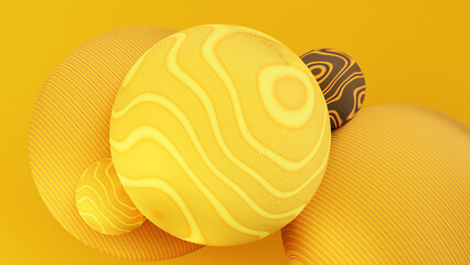 Abstract 3D Design with Yellow Spheres and Wavy Patterns, Creating a Vibrant and Energetic Visual Experience in Bright Hues