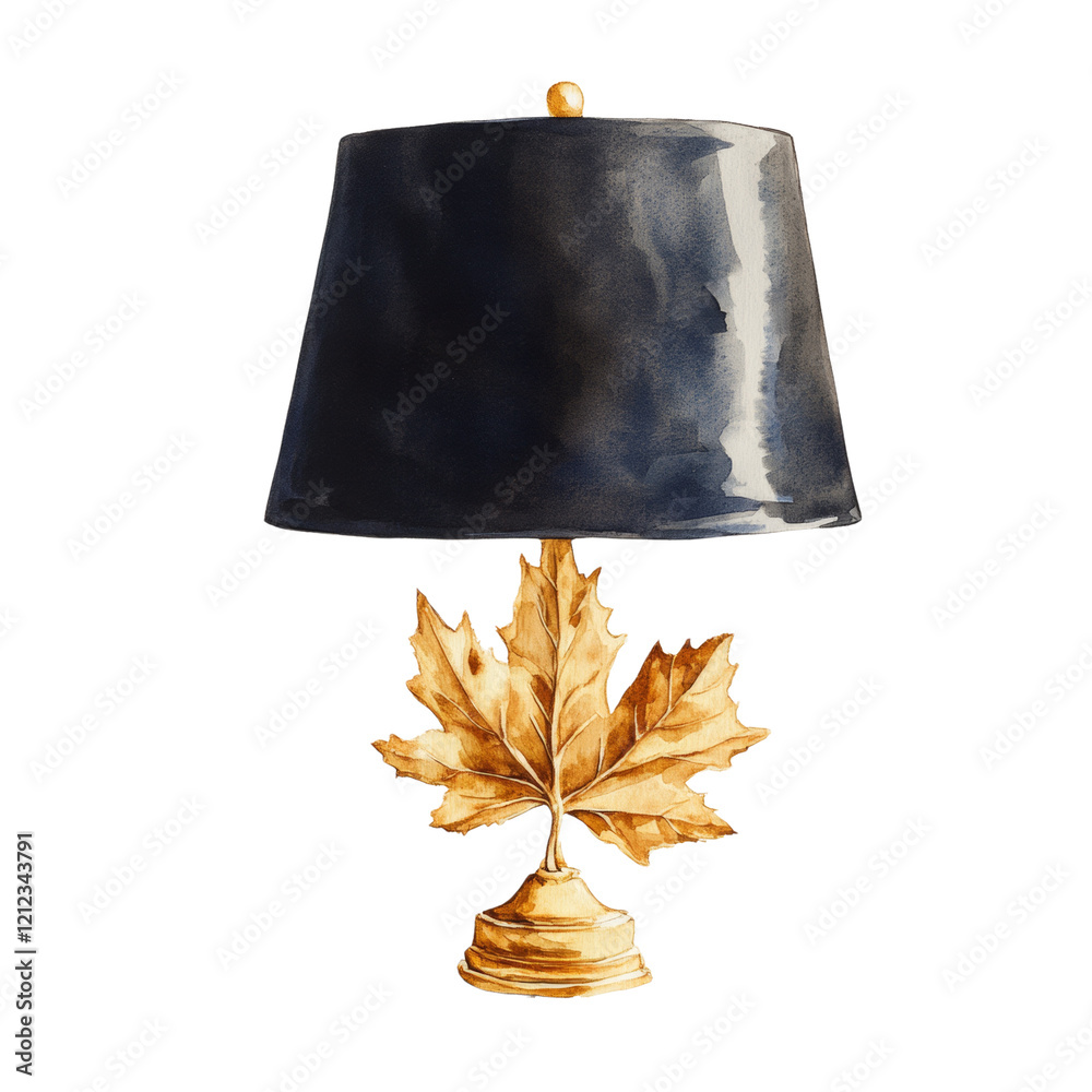 Poster a watercolor painting depicts an elegant table lamp with a dark lampshade and a golden maple leaf ac