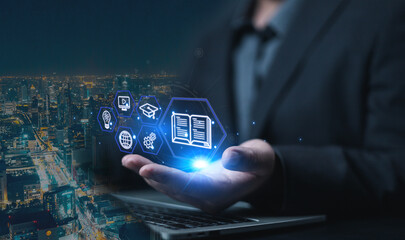 E-learning education concept, Show online e-learning of icons on hand. Online education educate improvides accessibiliry, Learning through online greater enhance. knowledge in homeschool