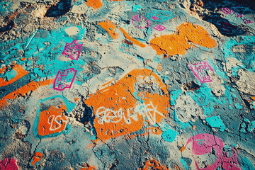 Obraz premium Textured concrete pattern adorned with vibrant graffiti and faded stencils in an urban environment capturing a striking visual contrast
