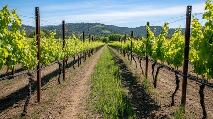 Fototapeta premium Abstract view of a vineyard with rows of grapevines, top view.