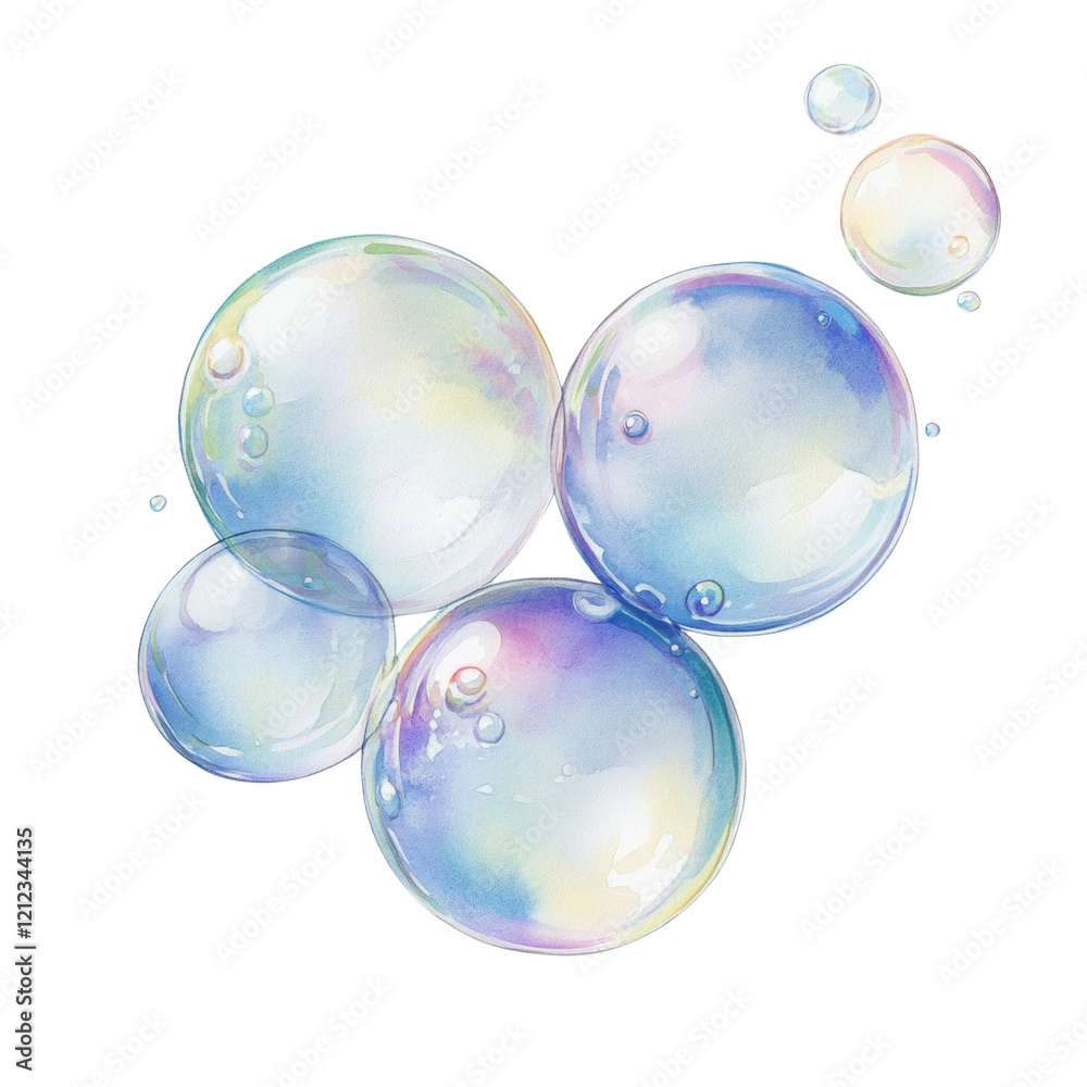 Poster an illustration depicts several iridescent soap bubbles of varying sizes, floating against a white b