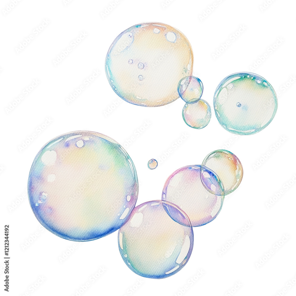 Poster A watercolor artwork depicting multiple iridescent soap bubbles of varying sizes, seemingly floating against a light background.