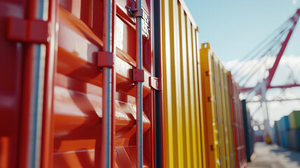 Obraz premium Colorful shipping containers stacked at busy port under clear sky