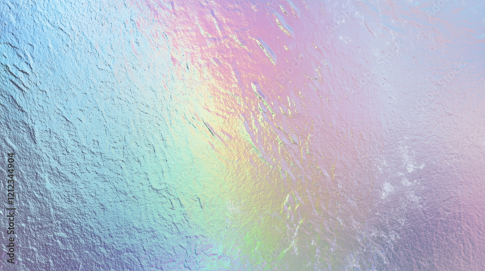 Poster Abstract colorful gradient background transitioning smoothly from soft blue to pastel pink with vibrant green and yellow tones in the center. Grainy texture resembling film photography adds depth and 