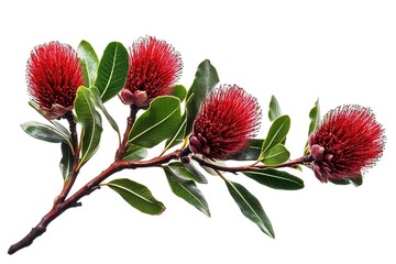 Vibrant Pohutukawa Blossoms: Long Red Flowers and Lush Green Leaves tree plant flora bloom vivid    