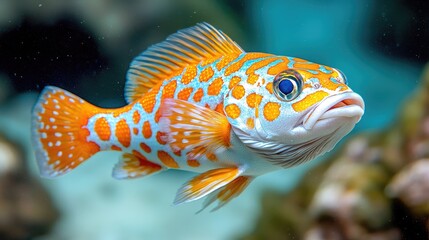 Orange spotted fish swimming in aquarium, coral background, underwater scene, nature photography