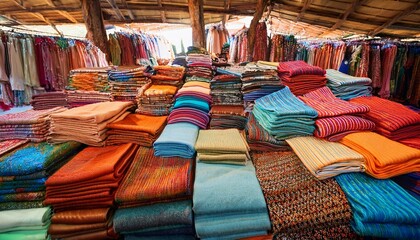 vibrant colorful textiles arranged neatly for display at a market