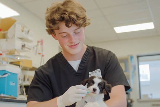 Young veterinarian wearing gloves and holding a syringe, preparing to vaccinate a small puppy in a veterinary clinic, ensuring its health and well being