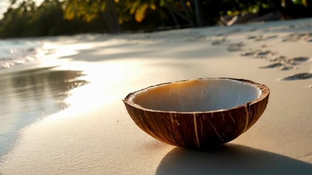 Serene Sunset Beach Scene with Empty Coconut Shell Bowl
