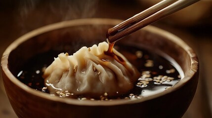 Detailed dumpling with visible folds, chopsticks lifted, soy sauce dripping gracefully.