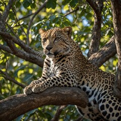Naklejka premium A leopard lounging in a tree, its body relaxed against the white background.A leopard rests on a tree branch amidst lush greenery, showcasing its striking coat and surroundings.Young leopard cub rest 