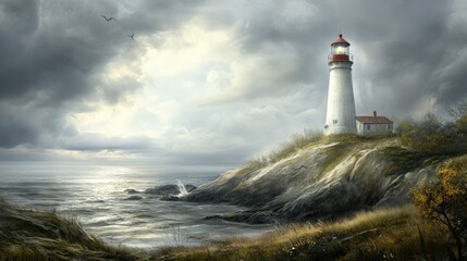 Obraz premium A distant lighthouse standing firm against a slow-moving tide.