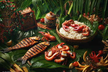 Traditional Filipino boodle fight setup with grilled seafood and rice on banana leaves under natural lighting