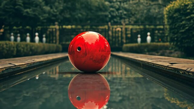 Large red bowling ball resting on still water in a serene garden setting surrounded by greenery at dusk