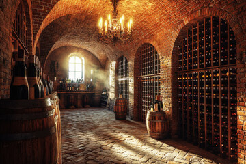Obraz premium Traditional French chateau wine cellar featuring brick arches and antique chandelier with warm lighting