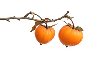 Obraz premium Juicy Persimmons: Autumn Harvest on Branch, White Background. Delicious, Ripe, Organic Fruit 