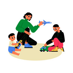 Family Playing With Toys Including Airplane And Car In Flat Vector Illustration Symbolizing Parenthood, Childhood, And Bonding, Isolated On White Background