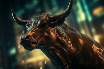 Bronze bull statue representing aggressive financial optimism and prosperity in a blurred urban background
