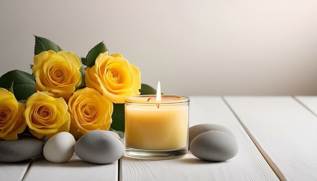 yellow roses with lit candle and pebbles on white wooden table in scandinavian style